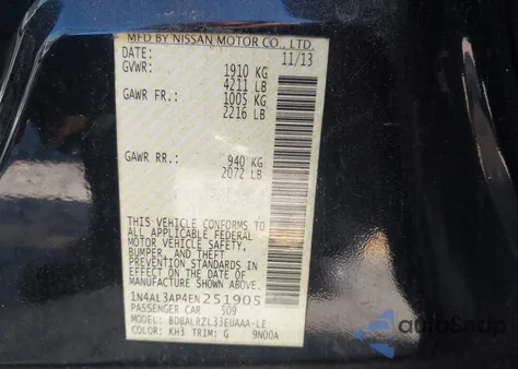 2014 Nissan Altima 2.5 S z USA, uszkodzony, nr VIN 1N4AL3AP4EN251905